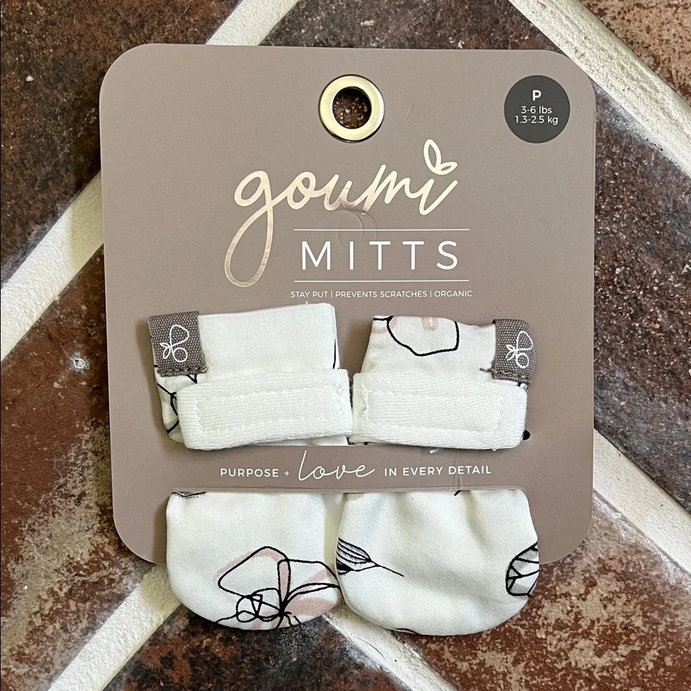 Goumi Cream Baby Mittens with Pale Pink & Black Floral Outline